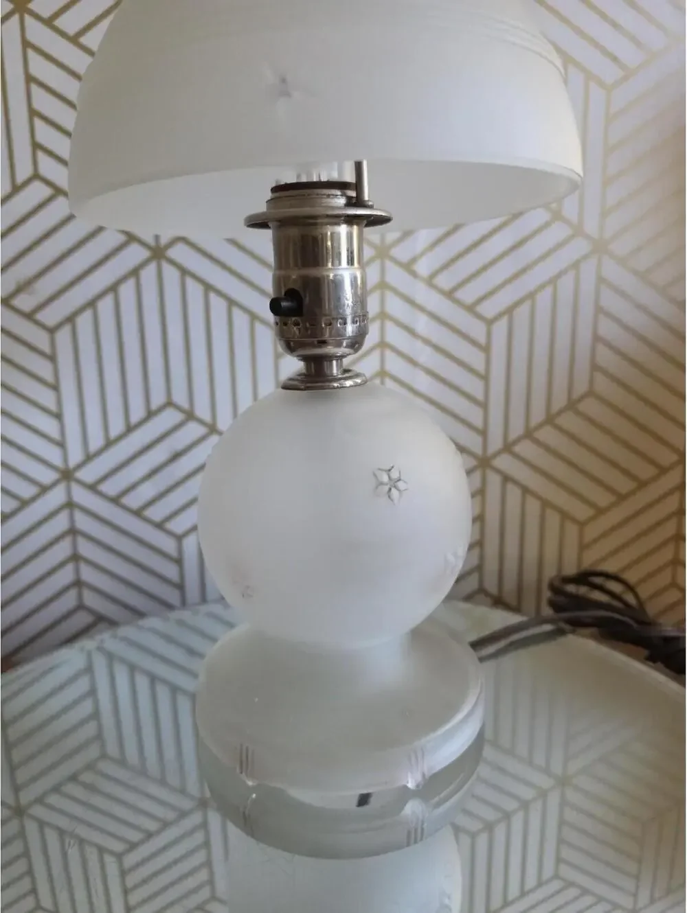 Antique Art Deco Frosted Glass Petite Anchor Nautical Lamp w Glass Bell Shade
